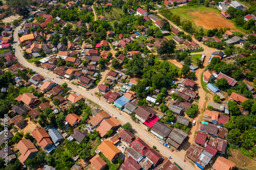 Aerial view of village of Nong Khiaw. North Laos. Southeast Asia. Photo made by drone from above. Bird eye view.