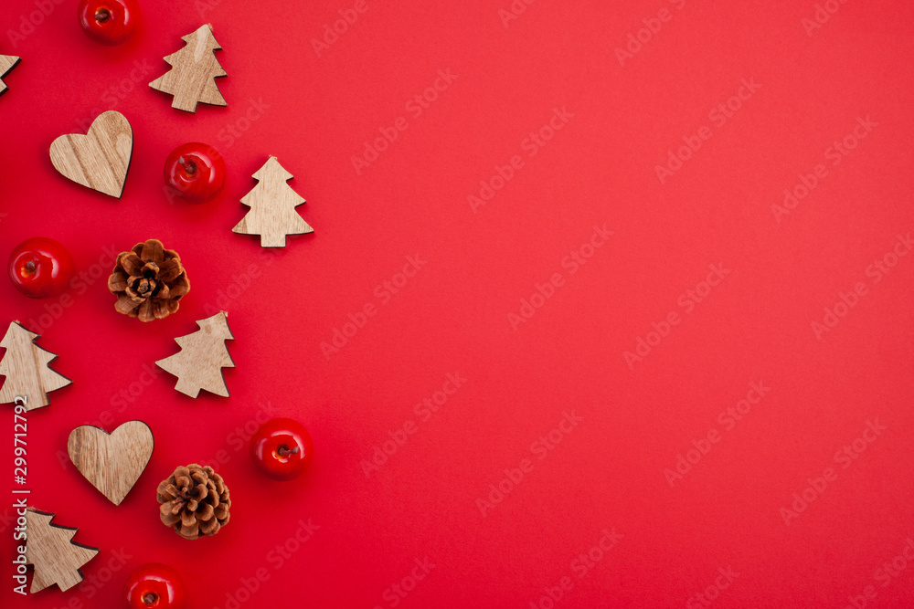 Festive christmas mockup over the red background with copy space for text and xmas decoration Festive christmas mockup over the red background with copy space for text and xmas decoration