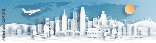 Panorama view of Hong Kong skyline with world famous landmarks of China in paper cut style vector illustration.