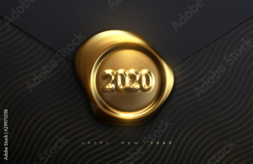 Happy New Year 2020. Realistic 3d sign on black paper background. Holiday vector illustration of golden wax seal with numbers 2020. Festive poster or banner element design