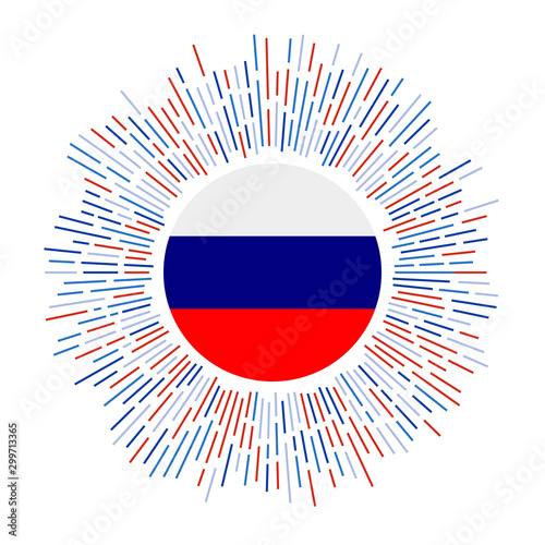 Russia sign. Country flag with colorful rays. Radiant sunburst with Russia flag. Vector illustration.