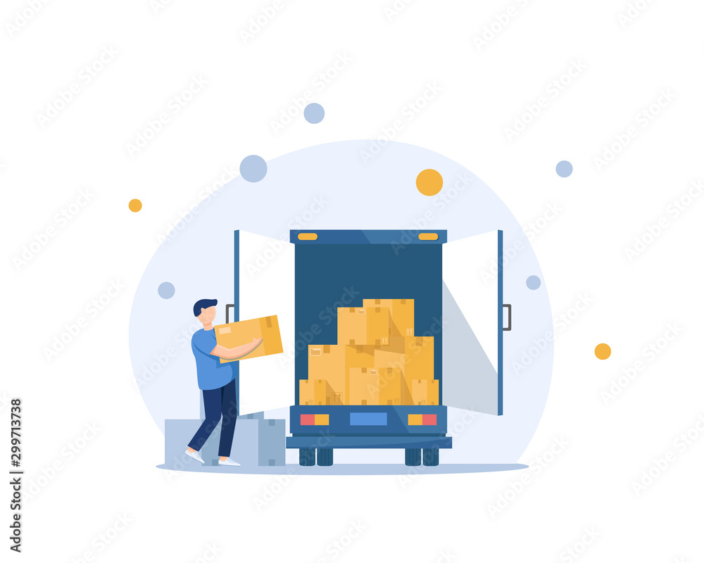 Moving Truck with Boxes. Back side of the loading truck,man with carton box packing Moving Truck with Boxes. Back side of the loading truck,man with carton box packing