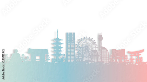 Travel poster with Yokohama, Japan famous landmark in paper cut style vector illustration.