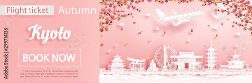 Flight and ticket advertising template with travel to Kyoto, Japan in autumn season deal with falling maple leaves and famous landmarks in paper cut style vector illustration