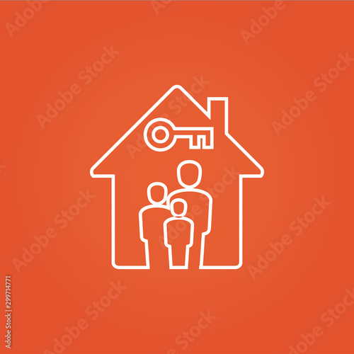 Silhouette family safe at home as mom and dad and kid. Family l icon. Home with key. Stock Vector illustration isolated on orange background.