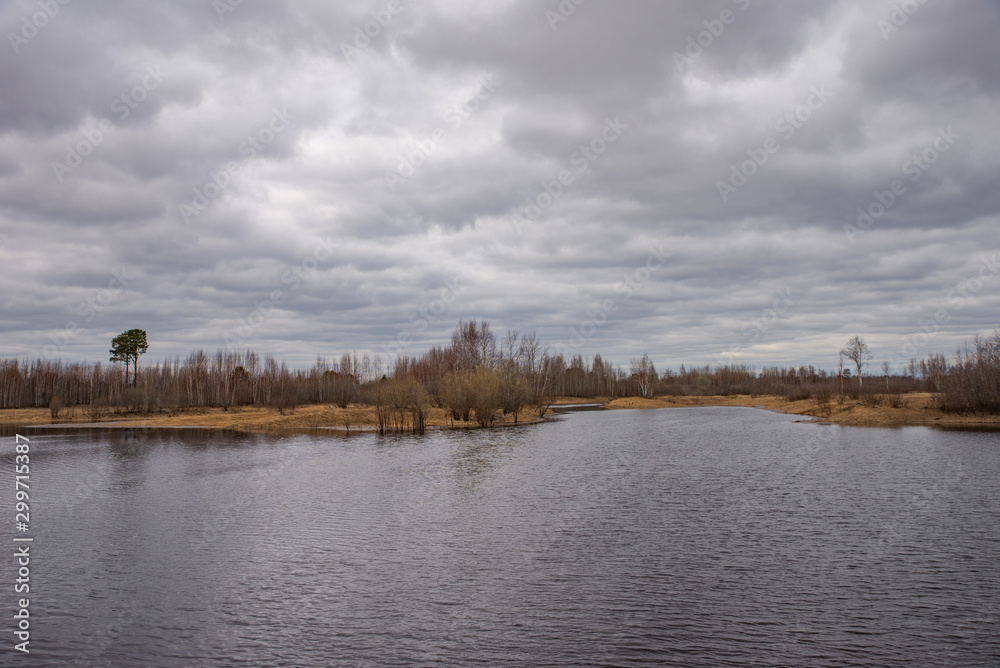 Spring landscape, forest, river, lake, cloudy day, storm clouds.