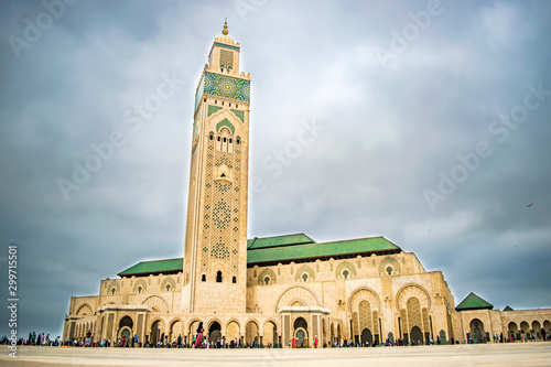 The Hassan II Mosque (Grande Mosque Hassan II) and Plaza on a Stormy Day - Casablanca, Morocco 