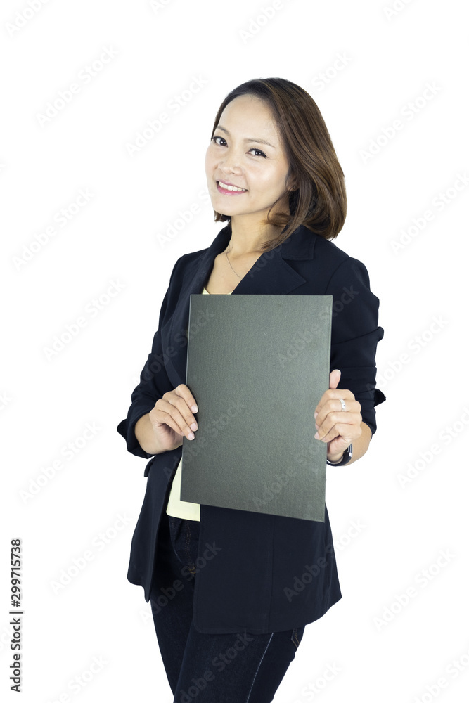Asian business woman holding file document isolated on white background. Asian business woman holding file document isolated on white background.