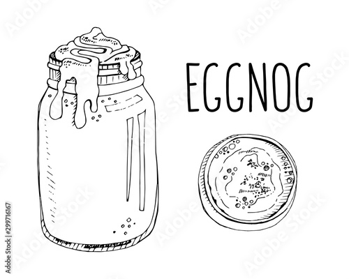 Set of hand drawn vector illustrations isolated on a white background. Eggnog. Traditional Christmas drinks, beverages, cocktails. Modern calligraphy. Clip art for winter holiday decorations.