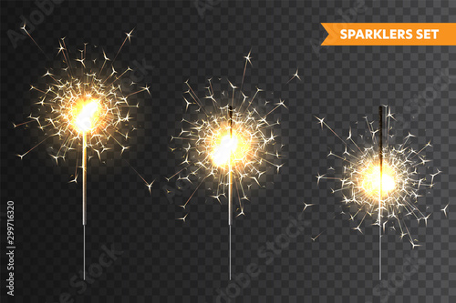 Realistic Christmas sparkler collection on transparent background. Bengal fire effect. Festive bright fireworks with sparks. New Year decoration. Burning sparkling candle. Vector illustration.