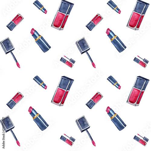Seamless pattern with watercolor lip gloss and pink lipstick in black tube.