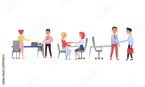 People in the office greet each other. Vector illustration on a white background.