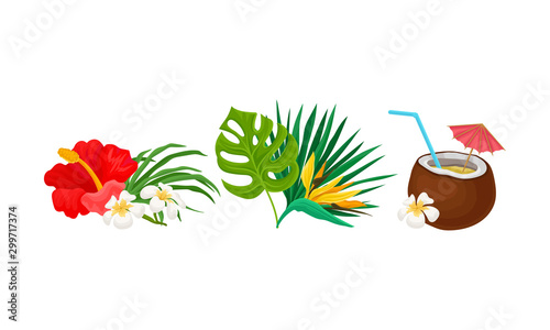 Set of hawaiian flower arrangements. Vector illustration on a white background.