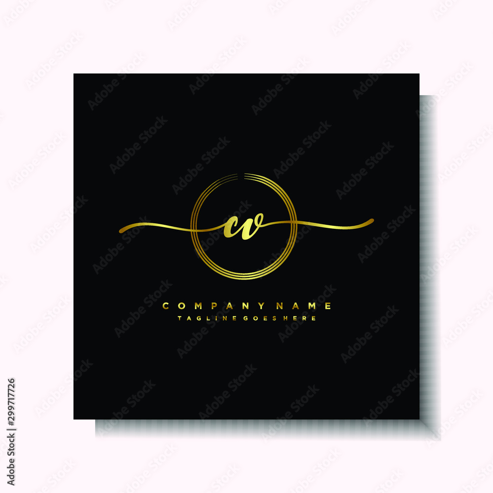 Initial CV Handwriting logo brush circle template is gold color. Handwriting logo minimalist Gold color luxury