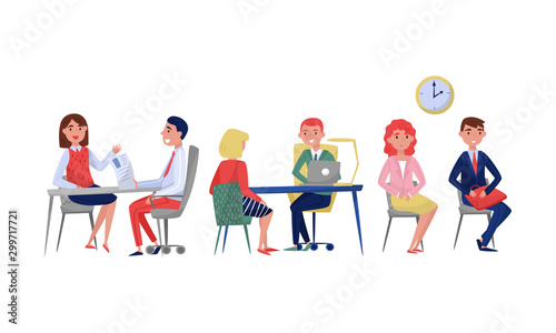 Set of situations in the office for an interview. Vector illustration on a white background.