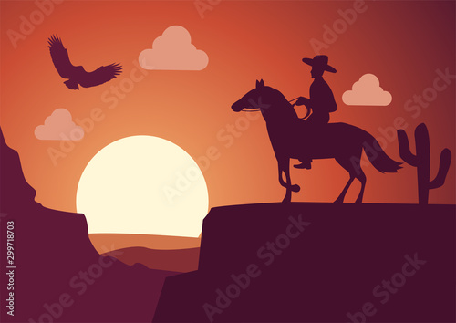 silhouette scenery cowboy in desert on sunset time