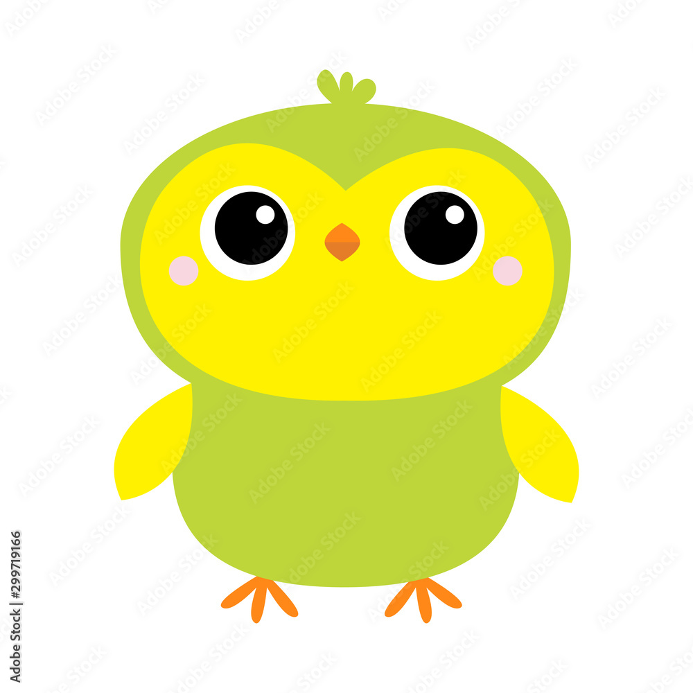 Parrot bird toy icon. Big eyes. Green yellow color. Funny Kawaii animal standing. Kids print. Cute cartoon baby character. Pet collection. Flat design White background