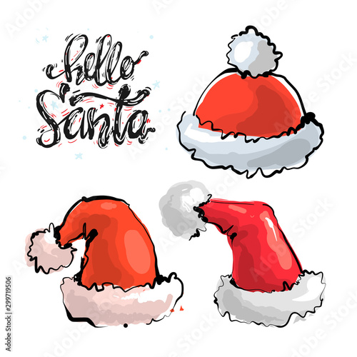 Vector set red Christmas Santa Claus hats isolated on white background with lettering Hello Santa