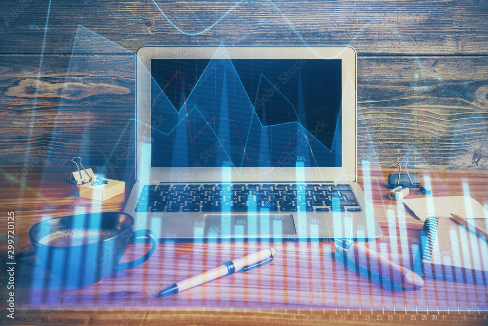 Double exposure of forex graph and work space with computer. Concept of international online trading. Double exposure of forex graph and work space with computer. Concept of international online trading.