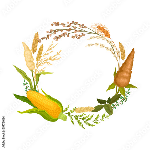 Wreath of different ears and plants. Vector illustration.