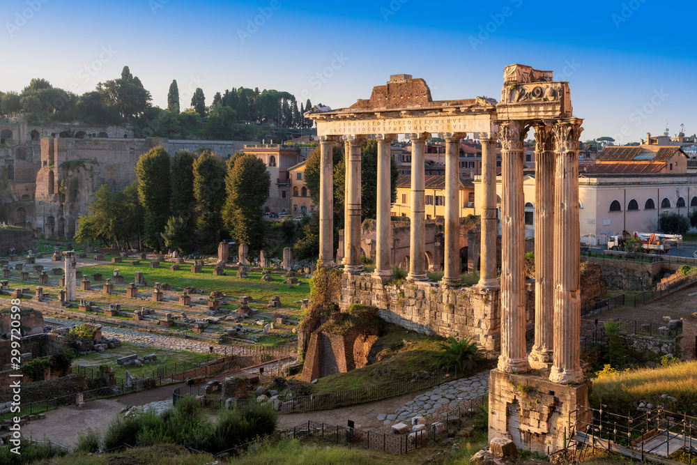 Old ruins of Roman Forum at sunrise in Rome, Italy