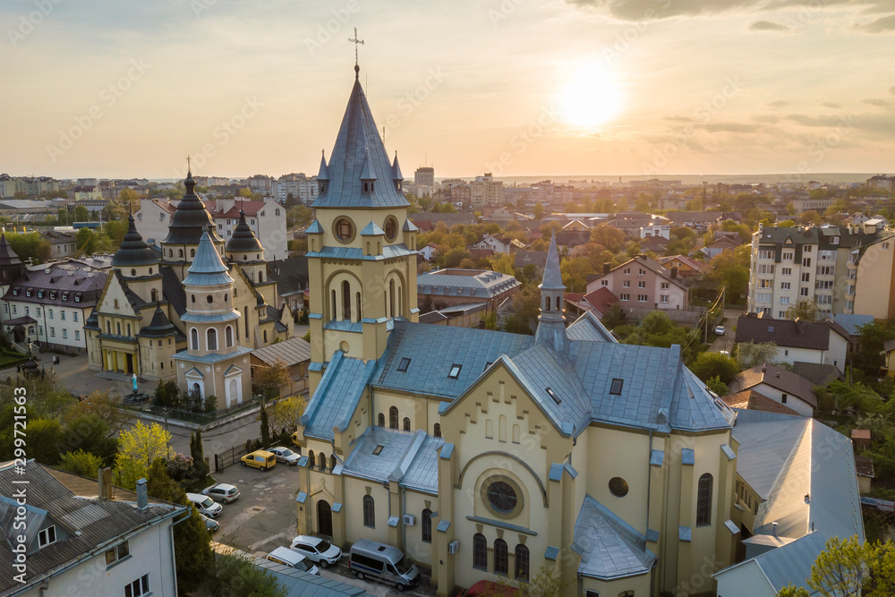 Aerial view of urban area in Ivano-Frankivsk city, Ukraine. Big building of old historic church in rural suburbs.