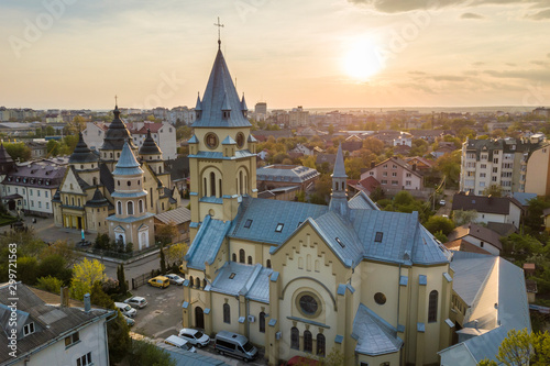 Aerial view of urban area in Ivano-Frankivsk city, Ukraine. Big building of old historic church in rural suburbs. photo