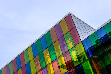 abstract, abstract building, architecture, art, backdrop, background, blue, building, business, calgary, city, color, coloured glass building, commercial, concept, construction, contemporary, corner, 