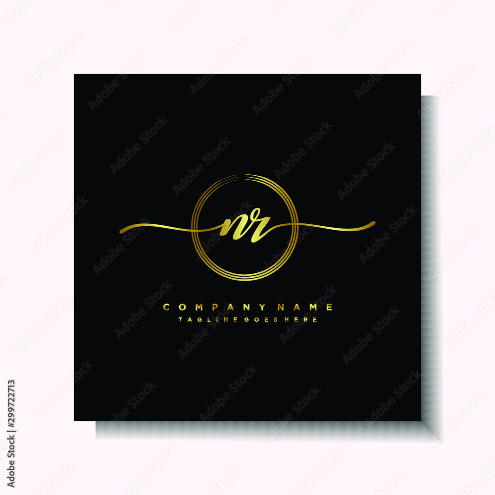 Initial NR Handwriting logo brush circle template is gold color. Handwriting logo minimalist Gold color luxury