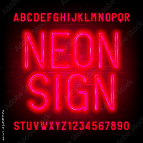 Neon Sign alphabet font. Red neon light condensed letters and numbers on brick wall background. Stock vector typescript for your typography design.