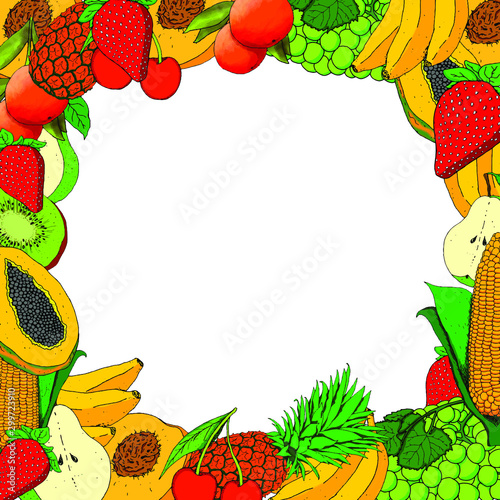 Illustration of a border full of fruits of different colors and flavors