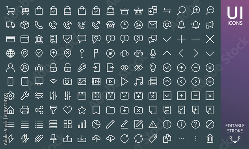 Rectangular style website icons ui material design set. Set of ecommerce and online shopping icons - cart, bag, delivery truck, payments, arrows, assistant, chat, filter, documents on dark background. photo