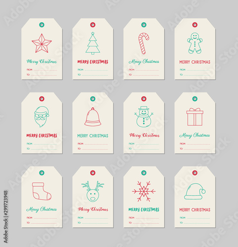 Minimalist Christmas gift tags with decorations and greetings. Vector
