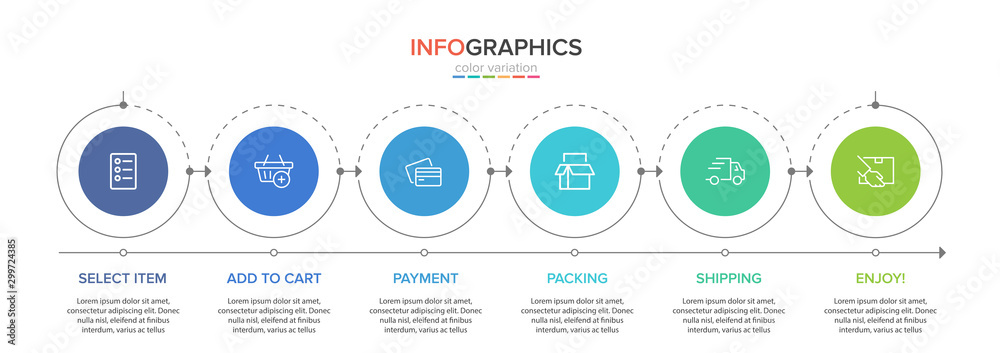 Concept of shopping process with 6 successive steps. Six colorful graphic elements. Timeline design for brochure, presentation, web site. Infographic design layout. - obrazy, fototapety, plakaty 