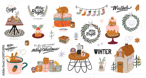 Scandinavian interior with December home decorations - wreath, cat, tree, gift, candles, table. Cozy Winter holiday season. Cute illustration and Christmas typography in Hygge style. Vector. Isolated.