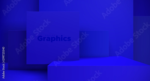 Minimal geometric interior. Vector 3d illustration. Modern studio space. Vivid blue background. Futuristic showroom concept. Stage or podium for product exposition