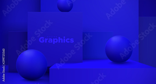 Minimal geometric interior. Vector 3d illustration. Modern studio space. Vivid blue background. Futuristic showroom concept. Stage or podium for product exposition. Geometric cubes and spheres