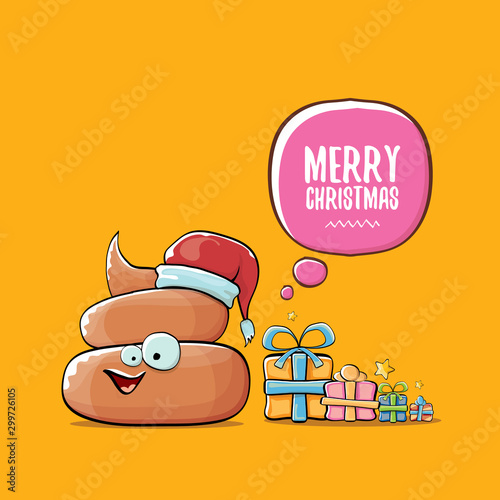 vector funny cartoon cool cute brown smiling poo icon with santa with red hat, christmas gift boxes and speech bubble on orange background. emoji funky christmas character. - Vector
