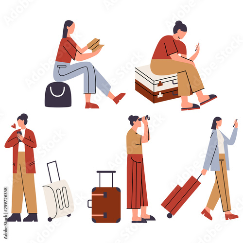 Bundle of yong women go on trip. Women with suitcase or luggage searching for a place with phone, studying map, looking through binoculars. Flat vector illustration