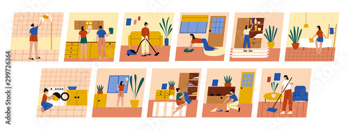 Bundle of women cleaning room. Woman cleaning bathroom, window, floor with vacuum cleaner, wash dishes and clothes. Flat vector illustration