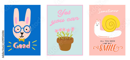 Cute scandinavian characters set including trendy quotes and cool decorative hand drawn elements.