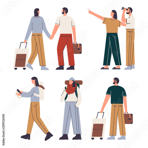 Bundle of yong women and men go on trip. Women and men with suitcase or luggage studying map, jumping with luggage and passport. Flat vector illustration
