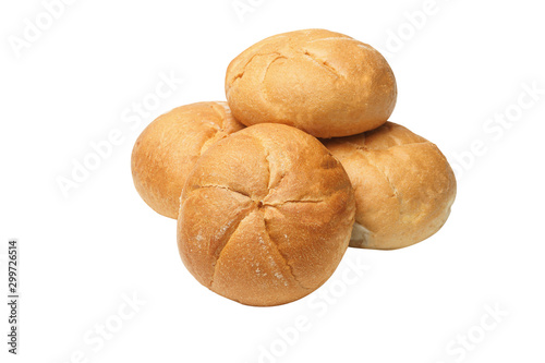 Four round buns isolated on a white background.White bread, crispy crust.Group.Horizontal frame.Сloseup.