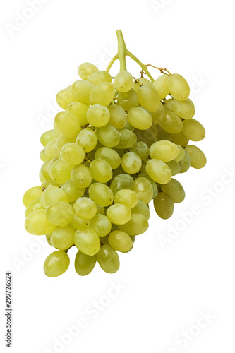 The green grape bunch is isolated on a white background. A close-up. Vertical frame.With clipping path.Full depth of field.
