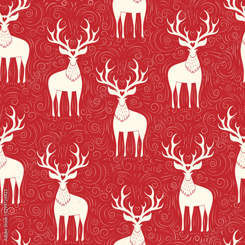 Winter Holidays Vector Seamless Pattern with Whte Deers, Hand-Drawn Doodle Swirls, Swashes on Christmas Red Background