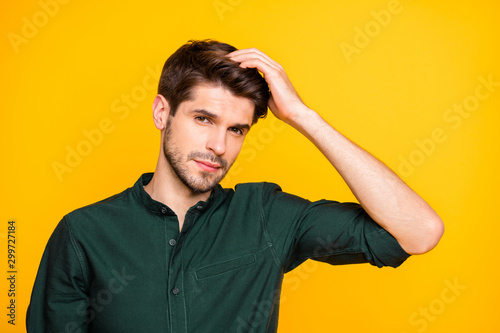Fotótapéta Close up photo of virile confident man touching his hair worried about its falli