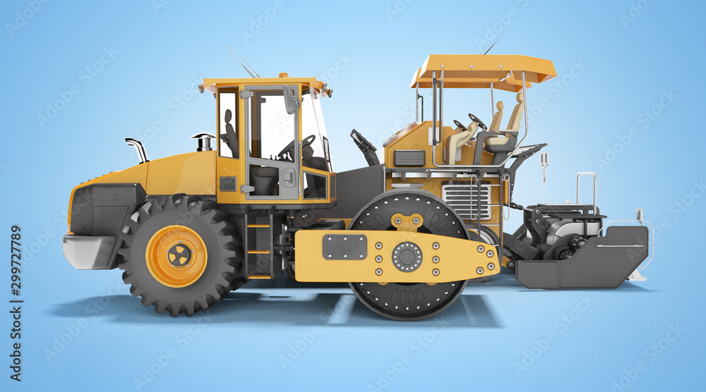 Concept road construction equipment for road works asphalt paver construction roller 3d rendering on blue background with shadow