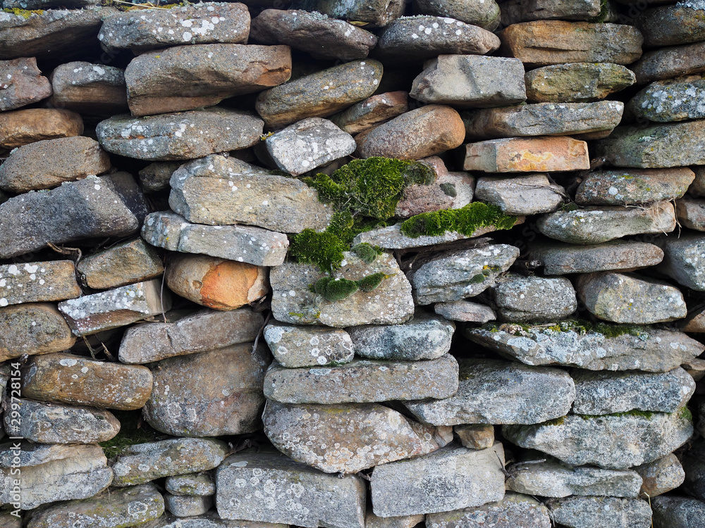 Pared de piedra colocada sin argamasa, Musgo. Stock Photo | Adobe Stock