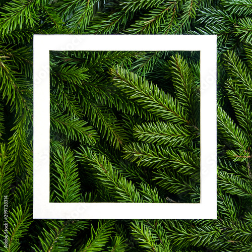 Christmas tree branches background. Christmas frame. Holiday's Background Happy New Year. Christmas tree frame. Design for banner, post