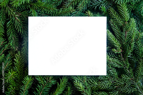 Christmas tree branches background. Christmas frame. Holiday's Background Happy New Year. Christmas tree frame. Design for banner, post